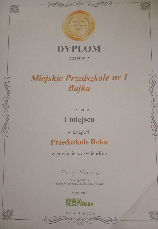 Przedszkole Roku - dyplom