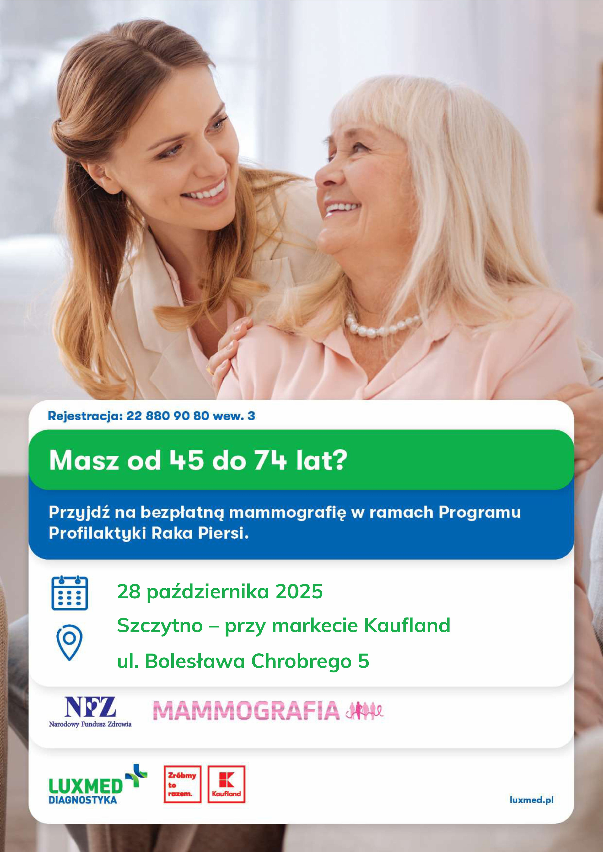 Plakat zapraszajacy na bezpłatną mammografię