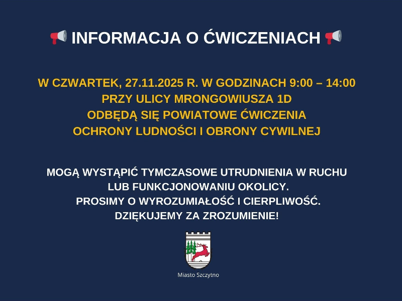Informacja o planowanych ćwiczeniach w dniu 27 listopada 2025