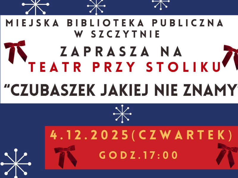 PLAKAT NA TEATR PRZY STOLIKU W MBP W SZCZYTNIE