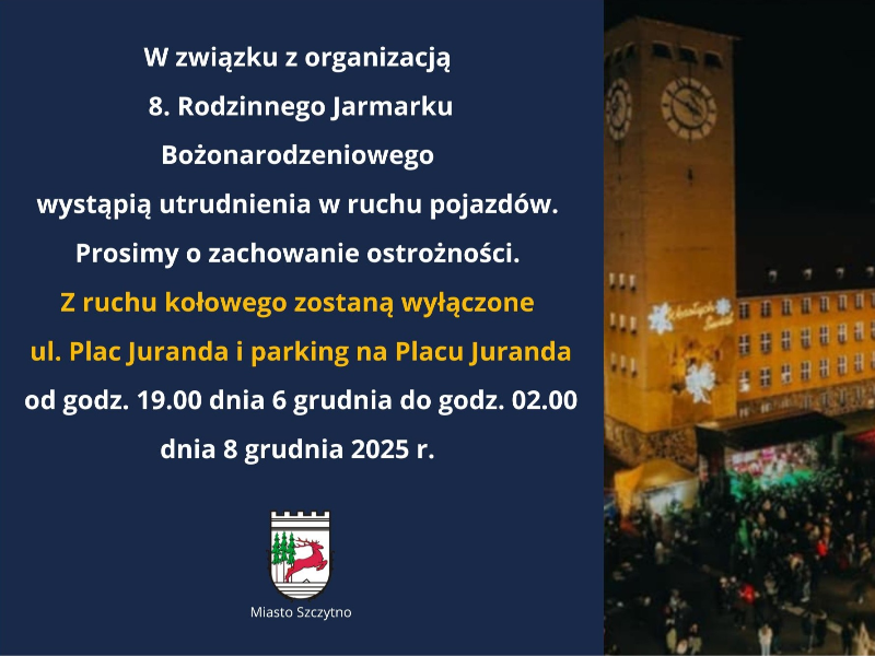 Informacja o planowanym wyłączeniu z ruchu kołowego ulicy i Placu Juranda na czas 8 Jarmarku Bożonarodzeniowego