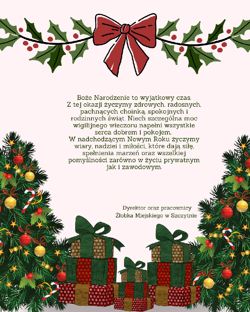 Życzenia świąteczne, choinki, prezenty