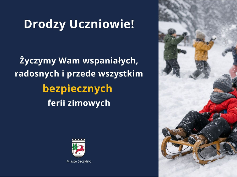 Plakat apelujacy o zachowanie bezpieczeństwa w czasie ferii zimowych