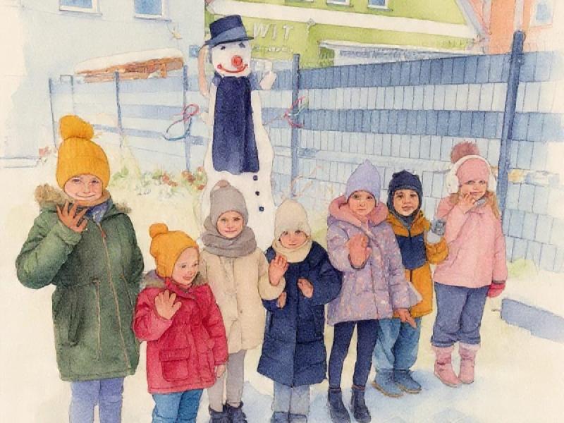 Grupowe zdjęcie (przerobione z pomocą AI) w plenerze z bałwanem w tle