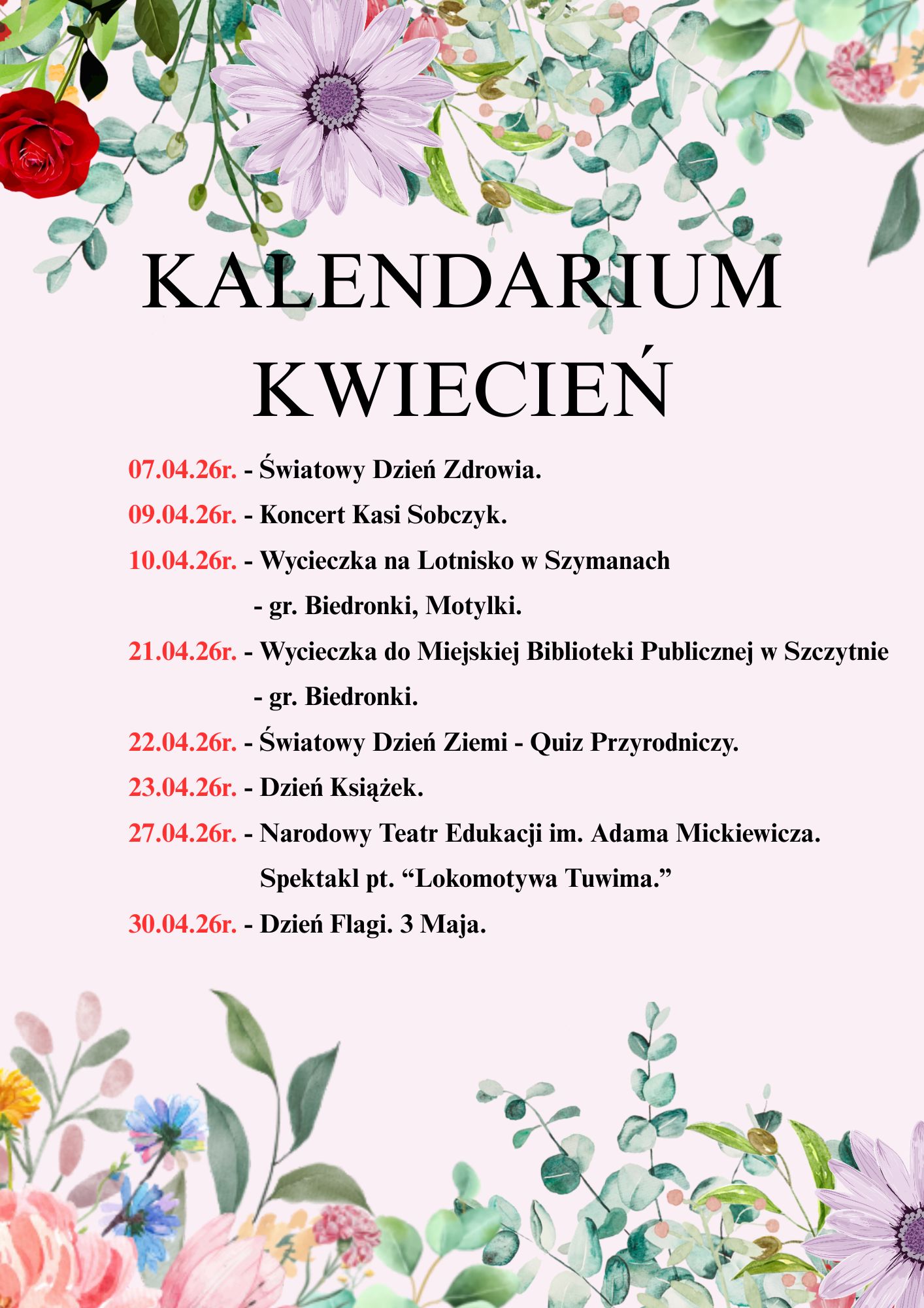 Kalendarium na kwiecień 2026 r.