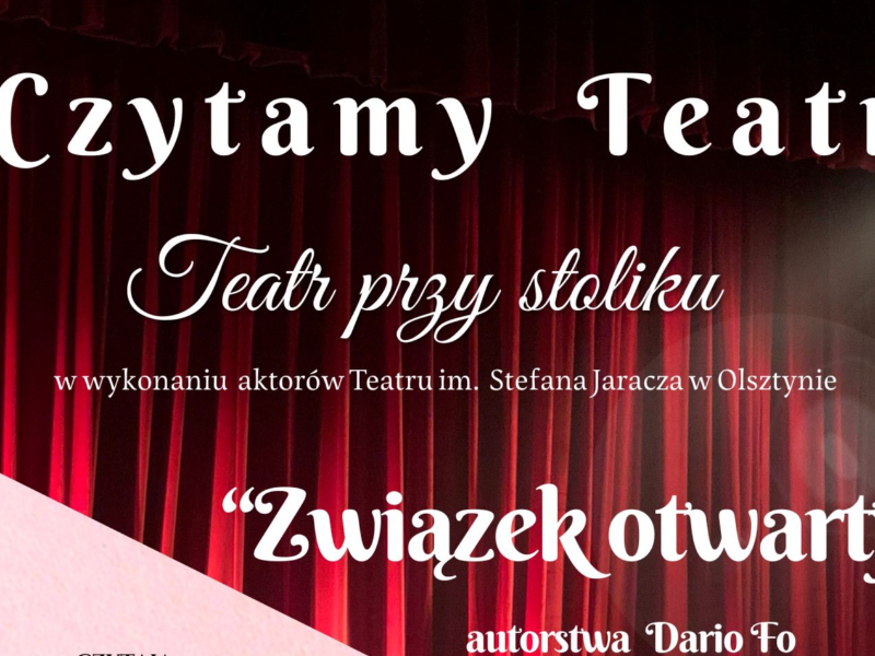 Czytamy Teatr - plakat na teatr przy stoliku, który odbędzie się 27 kwietnia 2026 r. o godz 17.00 w Miejskiej Bibliotece Publicznej w Szczytnie 