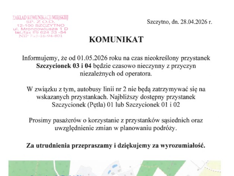 Zmiany w kursowaniu autobusów na przystanku Szczycionek