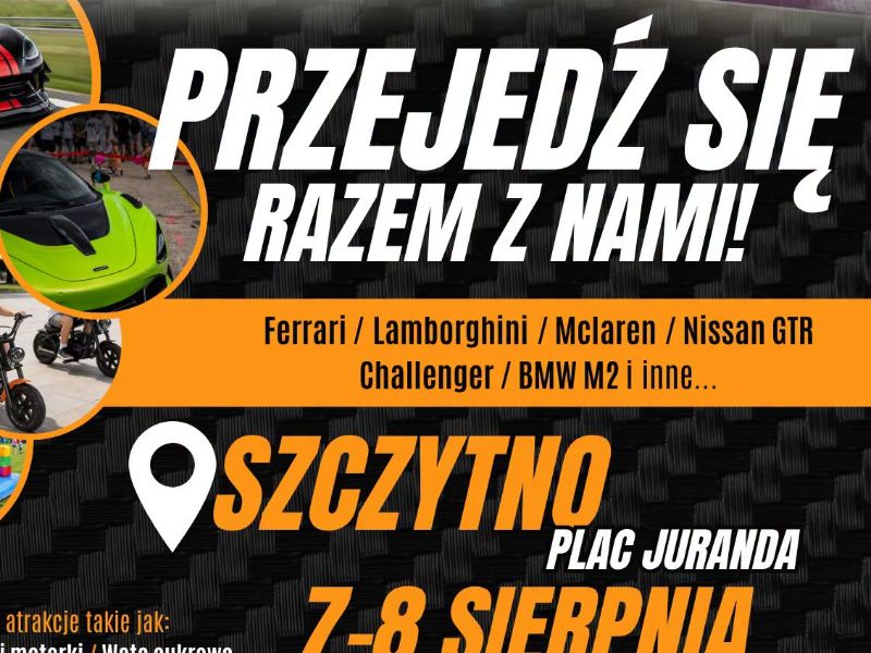 PLAKAT - PRZEJEDŹ SIE Z NAMI. WYDARZENIE ODBĘDZIE SIE 7 - 8 SIERPNIA 2026 R NA PLACU JURANDA