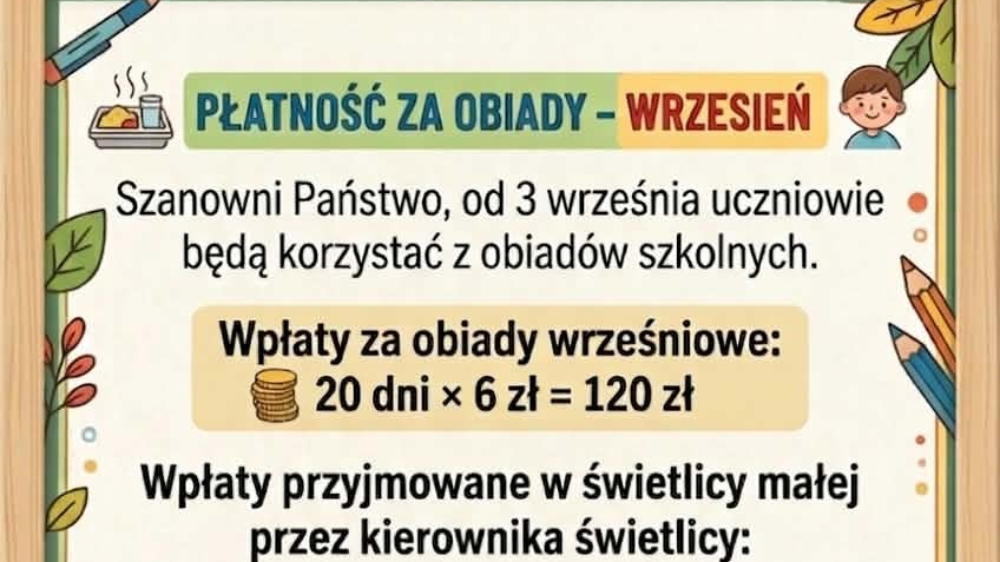 Płatność za obiady - wrzesień 