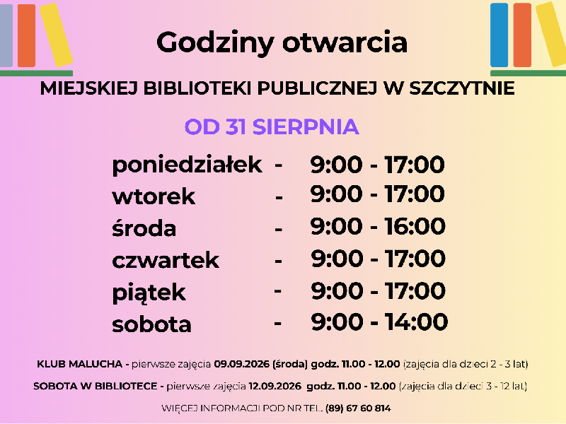 Aktualne godziny otwarcia biblioteki